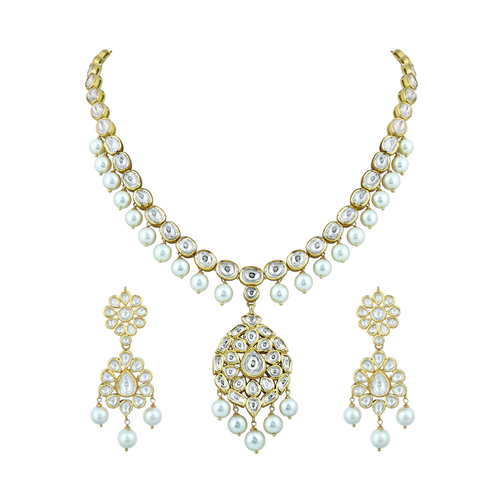 Linear Polki Necklace with Pendant and Pearl Drop